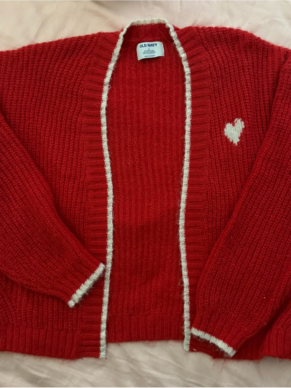Old Navy Red Open-Front Cardigan with Cream Trim and Heart